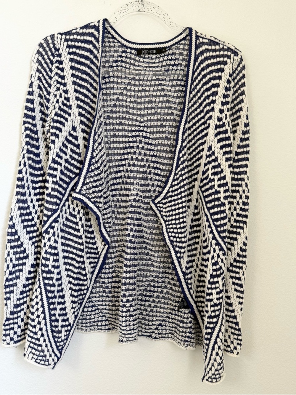Nic and Zoe M Open Front Cardigan Lightweight Navy White Geometric Texture
